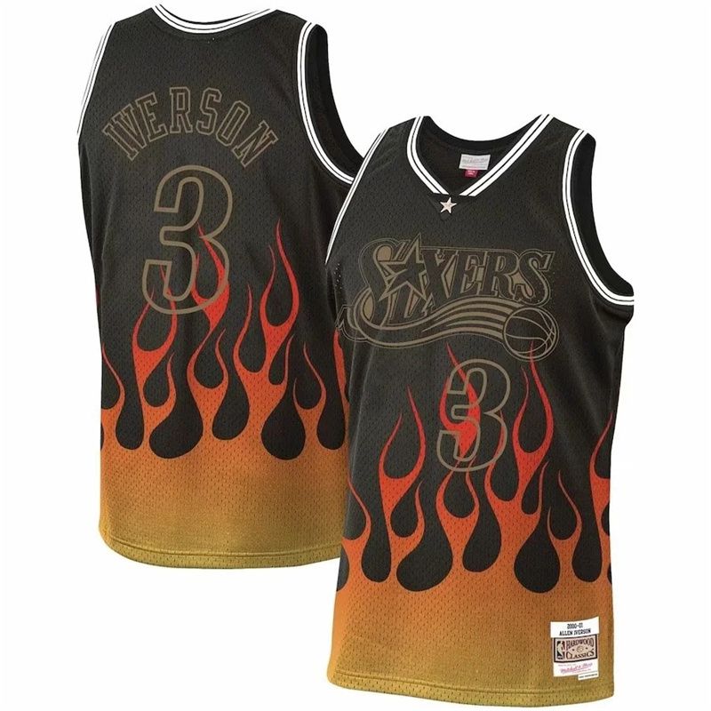 Men Philadelphia 76ers #3 Iverson Black Flame retro NBA Jersey->philadelphia 76ers->NBA Jersey